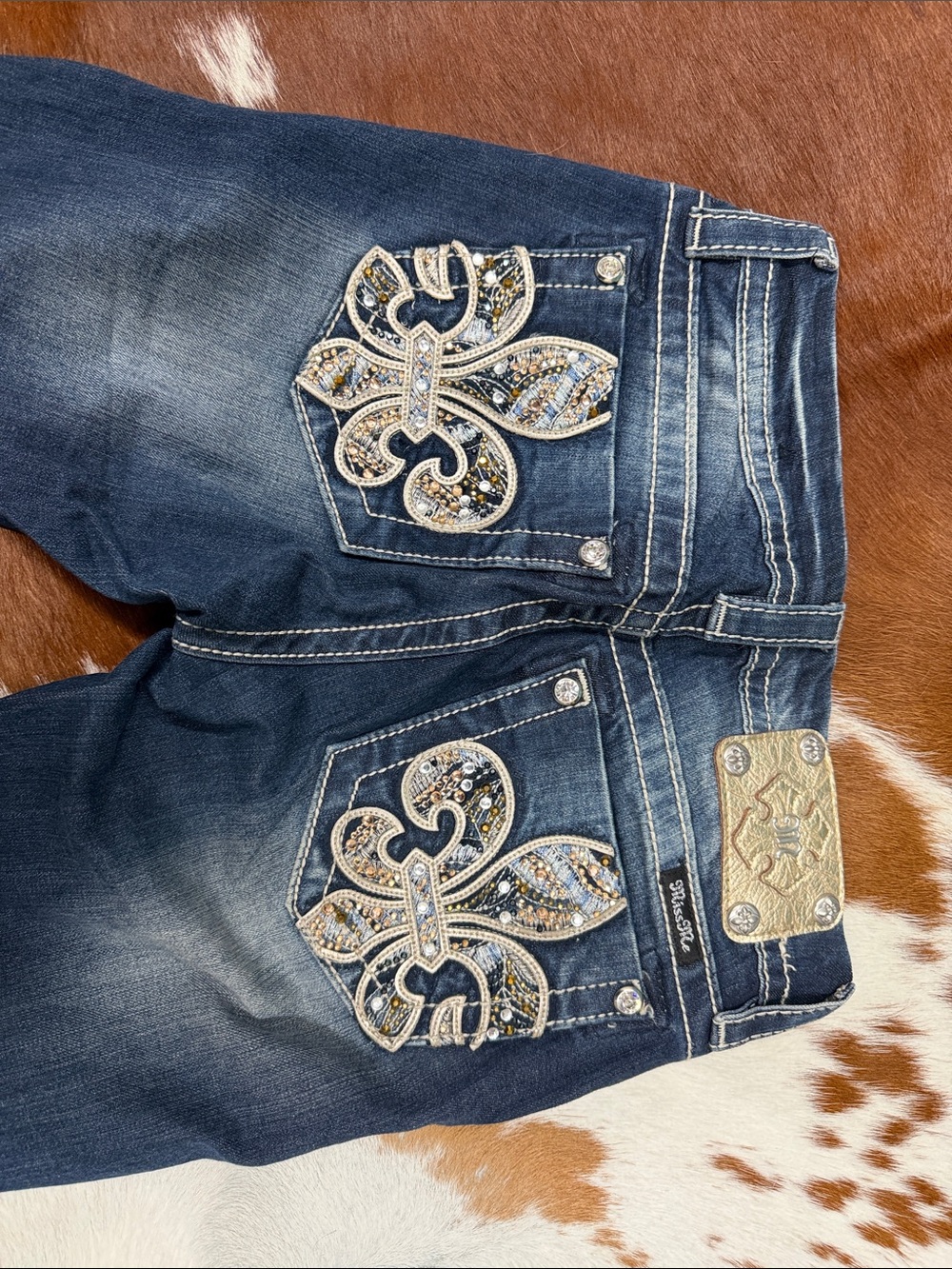 Miss Me Dark Blue Bootcut Jeans with Embellished Fleur-de-Lis Pocket - Picture 4 of 5